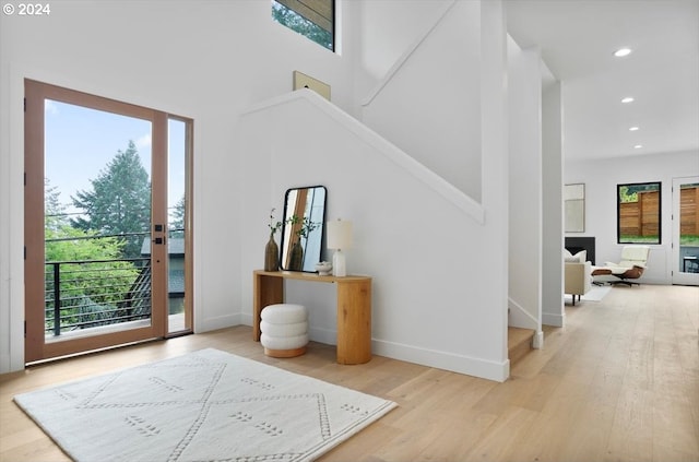 entrance foyer with a high ceiling, light hardwood / wood-style floors, and a wealth of natural light