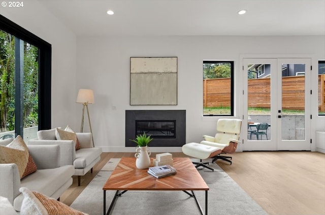 living room with french doors, light wood-type flooring, and plenty of natural light