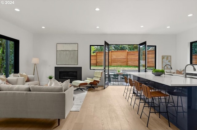 living room with light hardwood / wood-style floors and sink