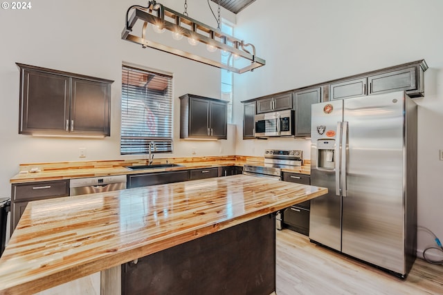 kitchen with stainless steel appliances, dark brown cabinetry, light hardwood / wood-style flooring, and wooden counters