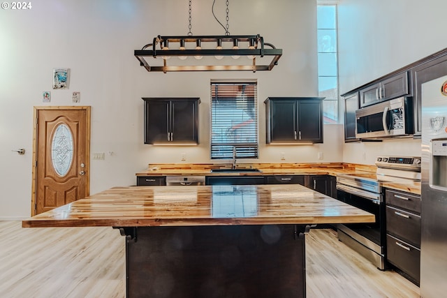 kitchen with wood counters, sink, a breakfast bar, and appliances with stainless steel finishes