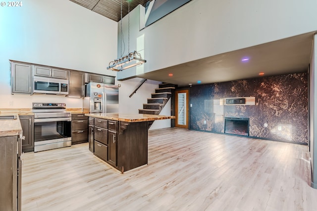 kitchen with light wood-type flooring, dark brown cabinets, stainless steel appliances, a high ceiling, and a center island