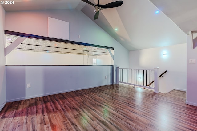 bonus room with ceiling fan, hardwood / wood-style floors, and lofted ceiling