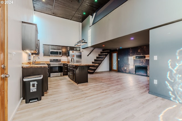 kitchen featuring a center island, light wood-type flooring, a high ceiling, and appliances with stainless steel finishes