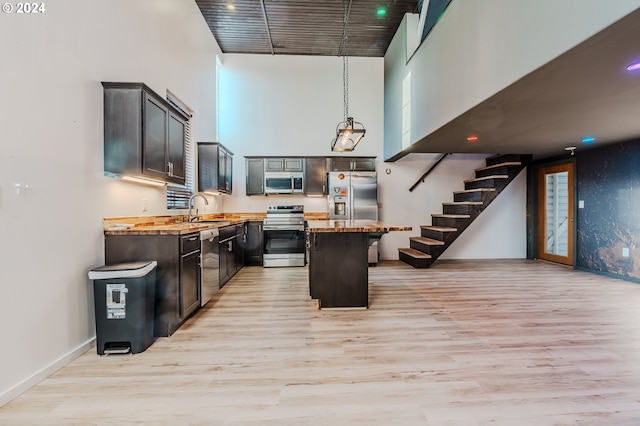 kitchen with a center island, stainless steel appliances, a high ceiling, light hardwood / wood-style flooring, and pendant lighting