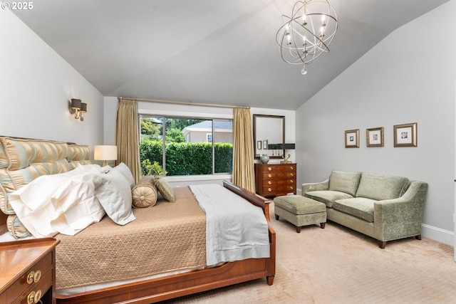 bedroom with vaulted ceiling, a notable chandelier, and light carpet