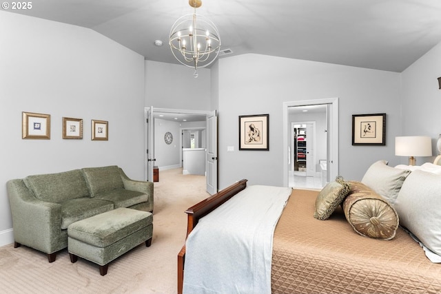 bedroom featuring visible vents, baseboards, lofted ceiling, a notable chandelier, and light colored carpet