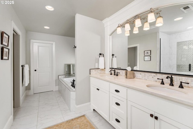 bathroom with visible vents, marble finish floor, a stall shower, and a sink