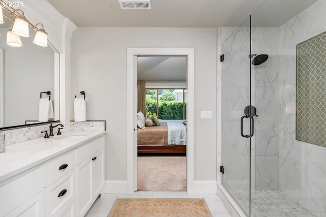 bathroom with vanity, visible vents, a marble finish shower, decorative backsplash, and marble finish floor