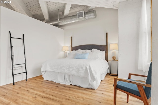 bedroom with light wood-type flooring, beam ceiling, and wooden ceiling