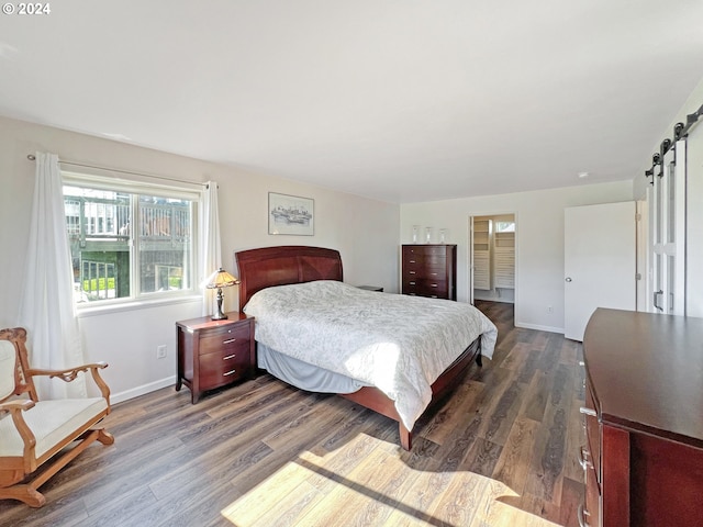 bedroom featuring a barn door, a walk in closet, a closet, and dark hardwood / wood-style flooring