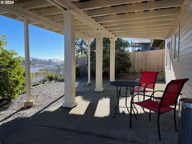 view of terrace featuring a mountain view