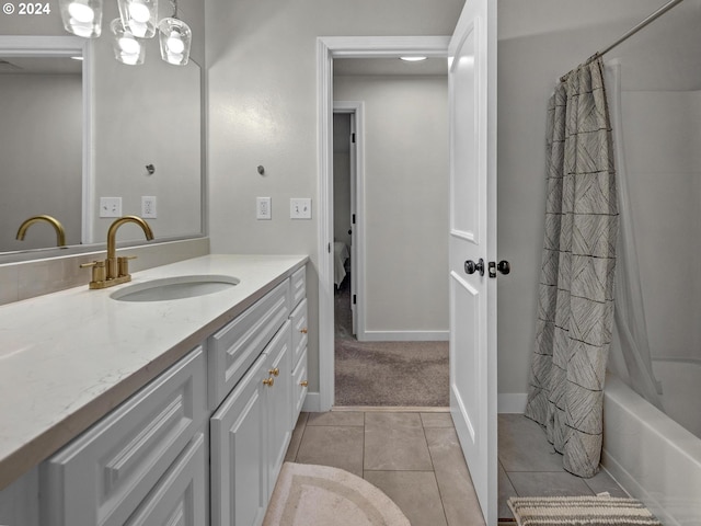 full bathroom featuring vanity, tile patterned flooring, toilet, and shower / tub combo with curtain