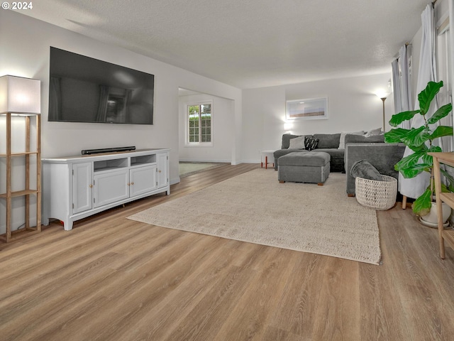 living room featuring light hardwood / wood-style flooring and a textured ceiling