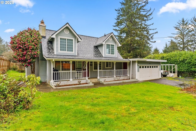 5213 Hilltop Dr, Florence, OR 97439 - view of front of home with an attached garage, a porch, asphalt driveway, a chimney, and roof with shingles