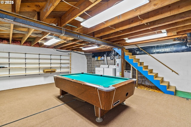 5213 Hilltop Dr, Florence, OR 97439 - rec room with washer and dryer, water heater, pool table, and carpet floors