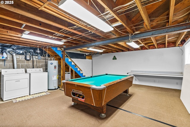 5213 Hilltop Dr, Florence, OR 97439 - playroom featuring electric water heater, washer and dryer, pool table, and carpet