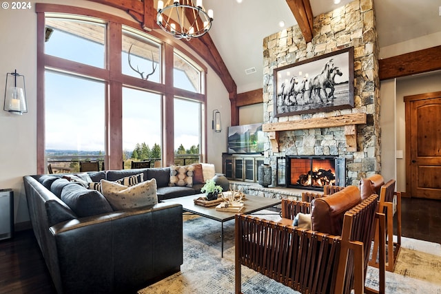 living room featuring a fireplace, an inviting chandelier, hardwood / wood-style floors, beamed ceiling, and high vaulted ceiling