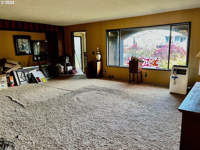 living room featuring carpet and a textured ceiling