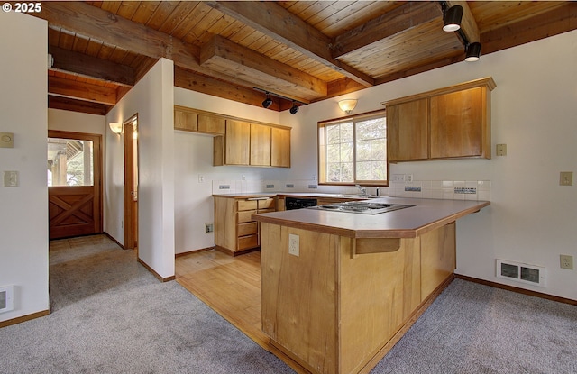34540 Nestucca Blvd, Cloverdale, OR 97112 - kitchen featuring wooden ceiling with exposed beams, a peninsula, light carpet, baseboards, and black dishwasher