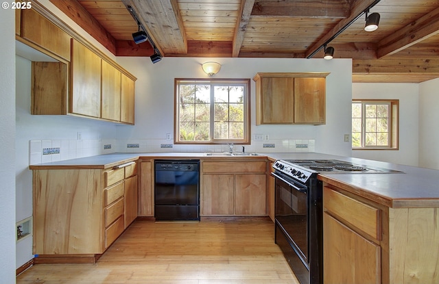 34540 Nestucca Blvd, Cloverdale, OR 97112 - kitchen with black appliances, wood ceiling with exposed beams, a peninsula, light wood-style flooring, and light countertops