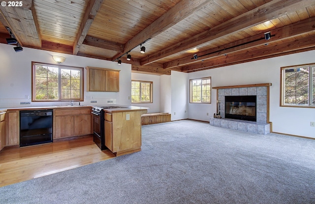 34540 Nestucca Blvd, Cloverdale, OR 97112 - kitchen with black appliances, wood ceiling with exposed beams, light colored carpet, a sink, and a peninsula