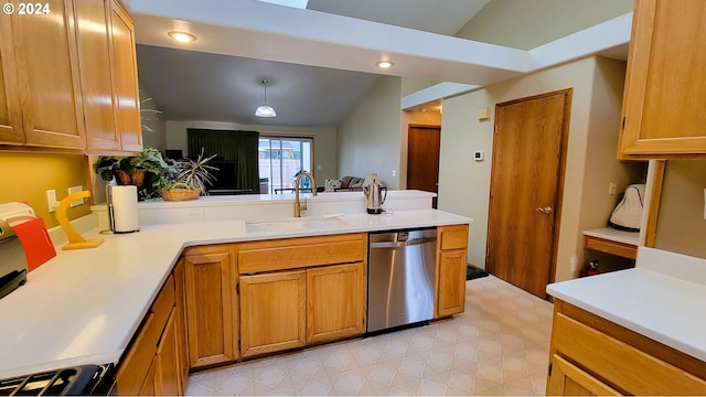 kitchen with sink, hanging light fixtures, vaulted ceiling, stainless steel dishwasher, and kitchen peninsula