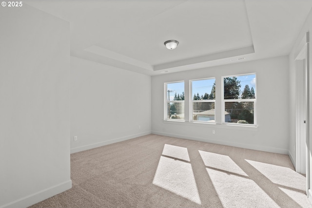 carpeted empty room with a tray ceiling