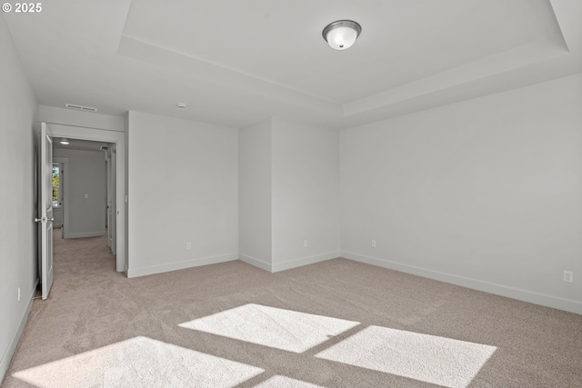 spare room with a raised ceiling and light carpet