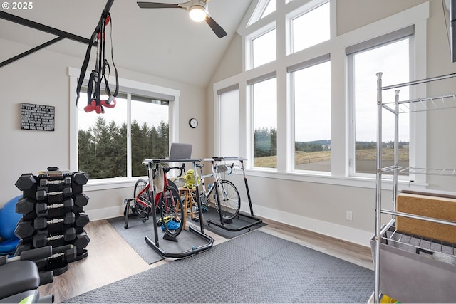 exercise area with baseboards, wood finished floors, high vaulted ceiling, and ceiling fan