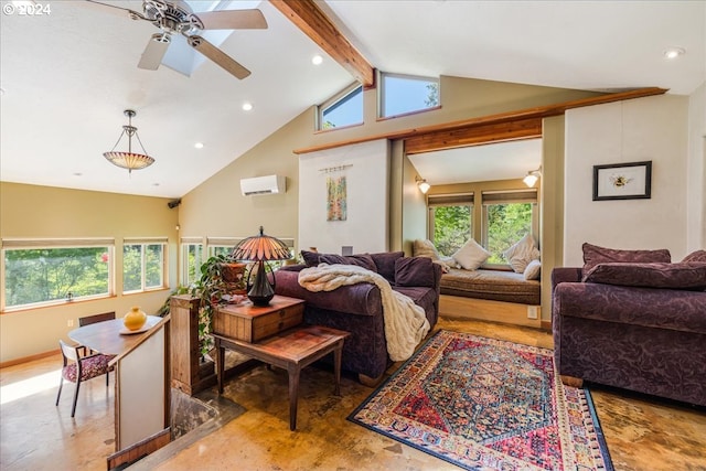 living room featuring lofted ceiling with beams, ceiling fan, and a wall unit AC