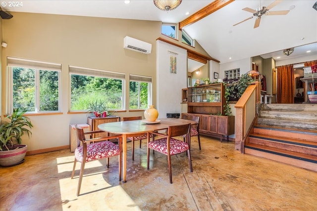 dining room with a healthy amount of sunlight, ceiling fan, a wall unit AC, and high vaulted ceiling