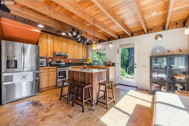 kitchen featuring a breakfast bar, stainless steel appliances, wooden ceiling, beam ceiling, and range hood