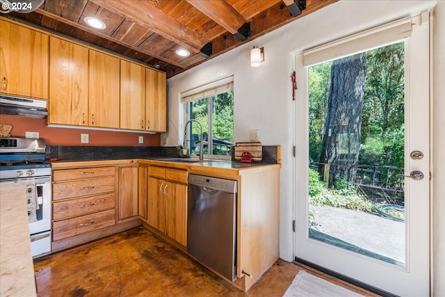 kitchen with wood ceiling, dishwasher, ventilation hood, beam ceiling, and stove