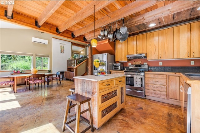 kitchen featuring pendant lighting, wood ceiling, beam ceiling, stainless steel appliances, and a wall unit AC