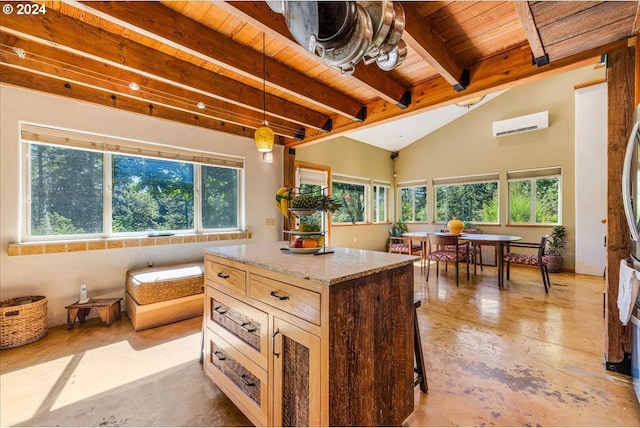 kitchen featuring light brown cabinets, pendant lighting, wood ceiling, a kitchen island, and lofted ceiling with beams