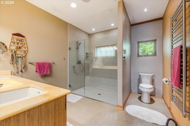 bathroom with vanity, toilet, and an enclosed shower