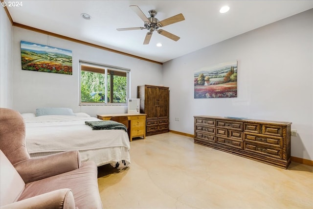 bedroom featuring ceiling fan and crown molding