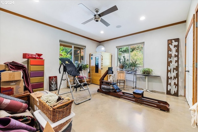 workout room with ceiling fan and crown molding