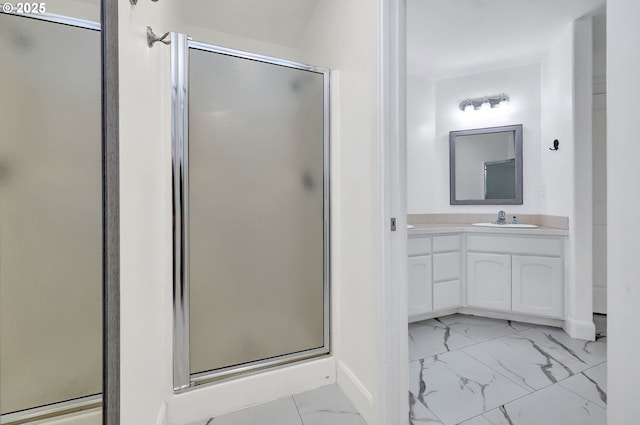 870 Kristen Way, Cottage Grove, OR 97424 - bathroom featuring marble finish floor, vanity, a shower stall, and baseboards