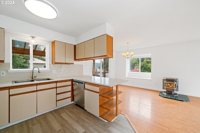 kitchen with sink, hanging light fixtures, stainless steel dishwasher, light wood-type flooring, and kitchen peninsula