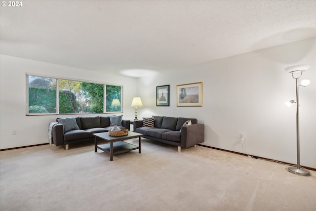 living room featuring light carpet and a textured ceiling