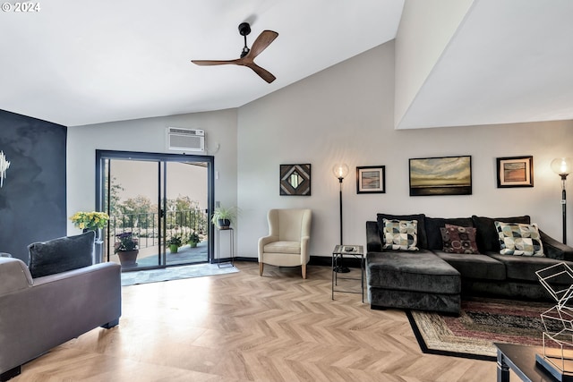 living room featuring ceiling fan, lofted ceiling, light parquet flooring, and a wall unit AC