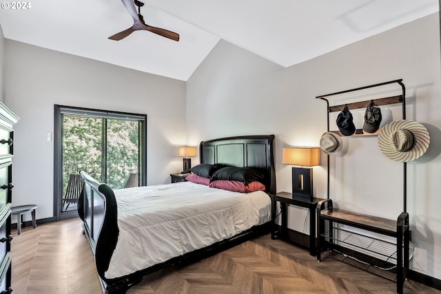 bedroom with ceiling fan, parquet flooring, and vaulted ceiling