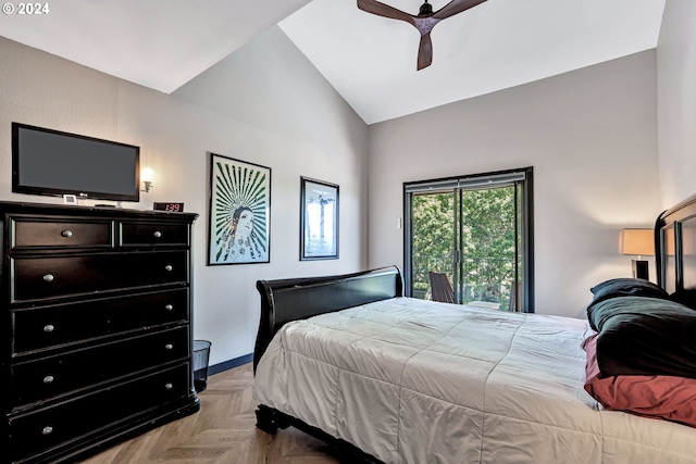 bedroom with ceiling fan, lofted ceiling, and light parquet flooring