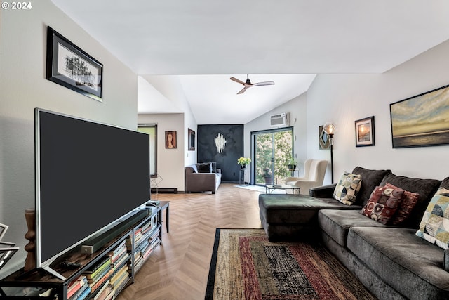 living room featuring vaulted ceiling, ceiling fan, light parquet flooring, and a wall mounted AC