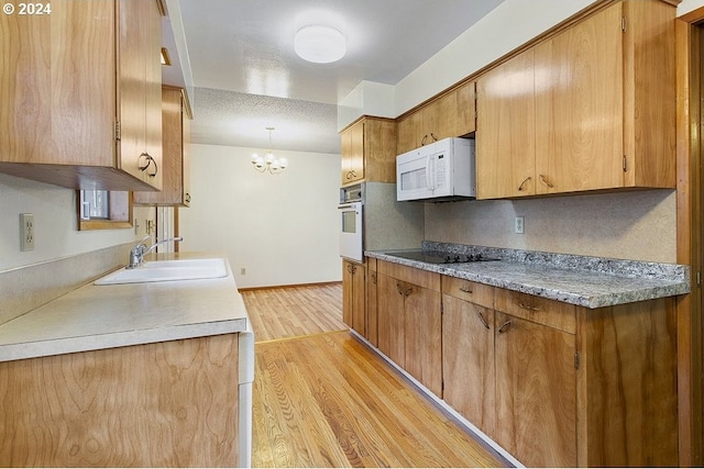 kitchen featuring pendant lighting, wall oven, black electric stovetop, sink, and light hardwood / wood-style floors