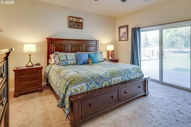 191 SW 67th St, Redmond, OR 97756 - bedroom with light colored carpet, ceiling fan, and access to exterior