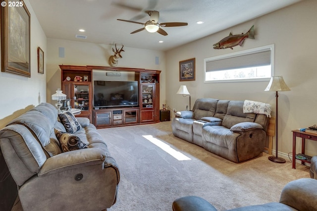 191 SW 67th St, Redmond, OR 97756 - carpeted living room with recessed lighting, ceiling fan, and visible vents
