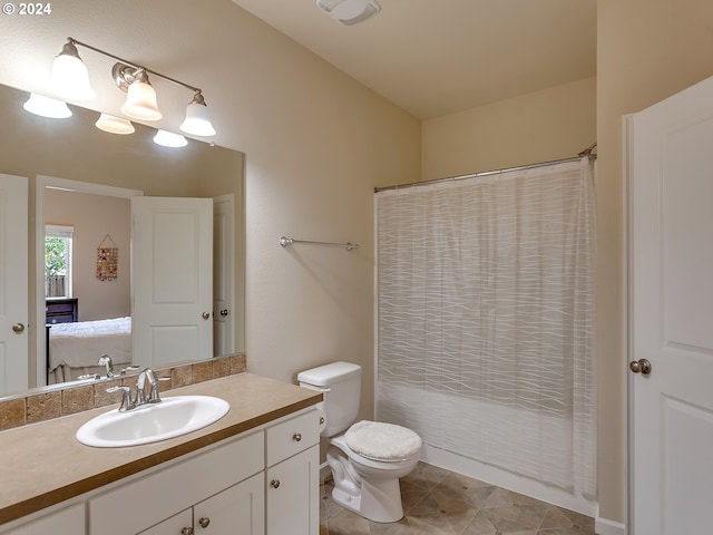 full bathroom with toilet, vanity, and shower / bathtub combination with curtain